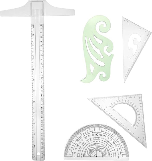 Frienda 5 Pieces Drafting Tools 12 Inch T-Square Ruler Plastic Transparent Drawing Ruler 180 Degree Protractor, 2 Triangles and a French Curve for Students and Engineering Drawing