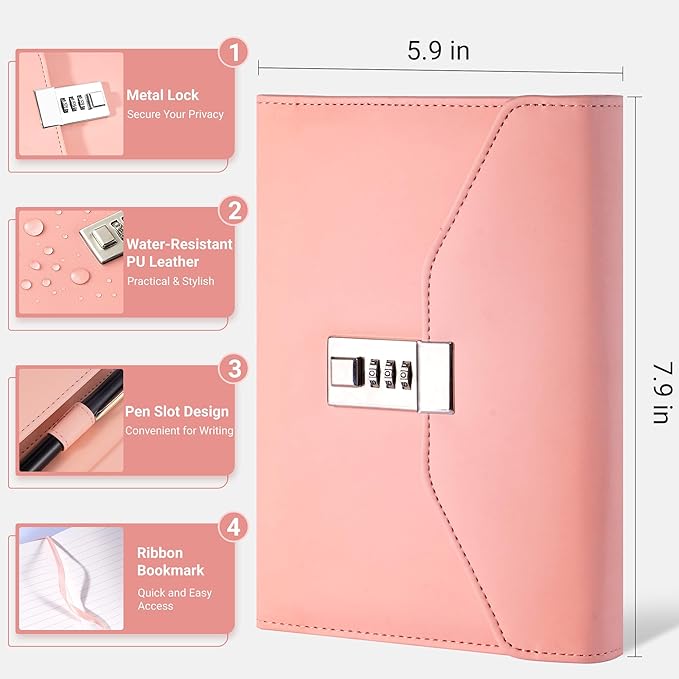 CAGIE Diary with Lock for Women, Full Wrap-around Privacy Journal Gifts for Girls, 120 GMS 224 Pages Thick Lined Notebook with Lock, 5.9 x 7.9 Inch