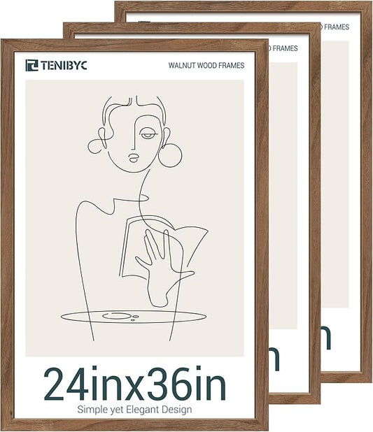 24x36 Poster Frame Set of 3 - Brown Walnut, Natural Solid Wood Picture Frame, Wall Hanging