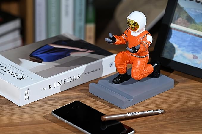 Astronaut Resin Pen Holder, Mobile Phone Stand, Device Stand, Desk Organizer Decorative Pen Holder (Orange&Golden)