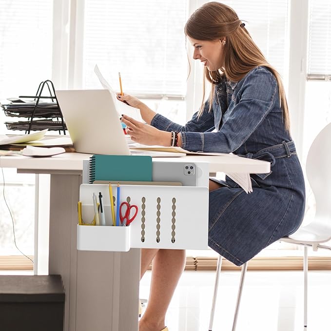 HAMOPY Desk Side Storage, Single-Layer Steel Hanging Desk Organizer with Magnetic Pen Holder, No Drilling Desk Drawer Cable Management Tray, Under Desk Laptop Holder for Office, School&Home(White)