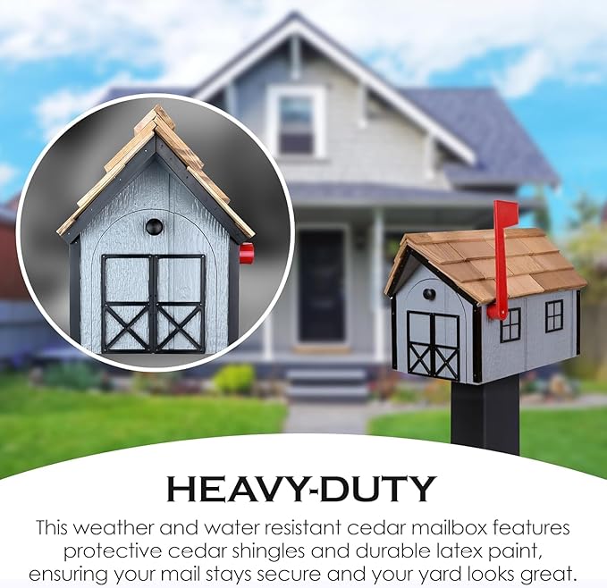 Peaceful Classics Amish Cedar Roof Wooden Mailbox with Window & Door Trim, Handcrafted Mailboxes for Outside, Post Mount Residential Mailboxes - (Beige & Green, Wood)