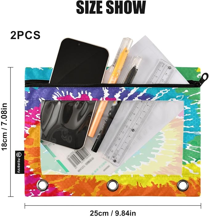 ALAZA Pencil Pouch for 3 Ring Binder, Tie Dye Binder Pencil Pouches with Clear Window Zipper Pencil Case Cosmetic Bags for Office College Supplies, 2PCS