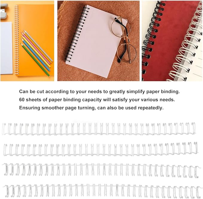 100Pcs Double Loop Wire Binding Spines, 60 Sheets, 3:1 Pitch, 34 Loop, 3/8in Diamete, for A4 Paper Documents, Files, Reports (WHITE)