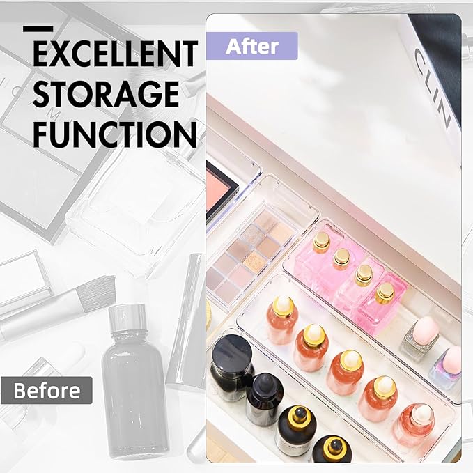 HOUSE DAY Desk Drawer Organizer Bins 8 PCS, 9*3*2" Clear Drawer Organizers with Silicone Pads, Vanity Organizers and Storage, Non Slip Plastic Drawer Organizer for Makeup, Bathroom, Kitchen, Office