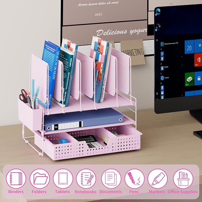 Desk Organizer, Office Organization with Vertical File Holder, File Organizer with Drawer and Pen Holder, Desk Accessories and Workspace Organizers for Home Office (Pink)