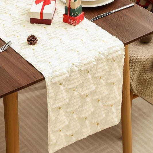 Christmas Table Runner 13x72 Inch, Xmas Trees Star Winter Holiday Decorative Farmhouse Table Decorations for Kitchen Dinning, Indoor Outdoor Dinner Party Decor (White) 1 Pack