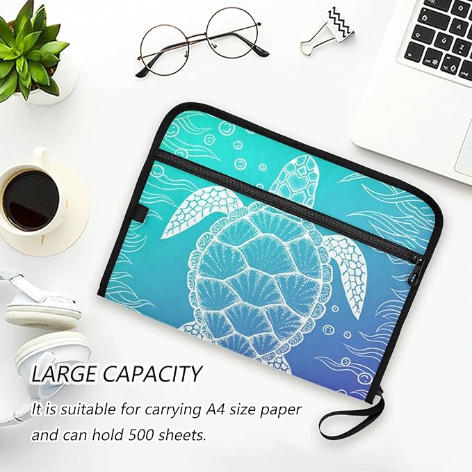 Expanding File Folder,13 Pocket Accordion File Folders with Sticky Labels,A4 Letter Size Paper Document Organizer with Zipper Closure for Office School Boys Girls，Underwater Seaweed Sea Turtle