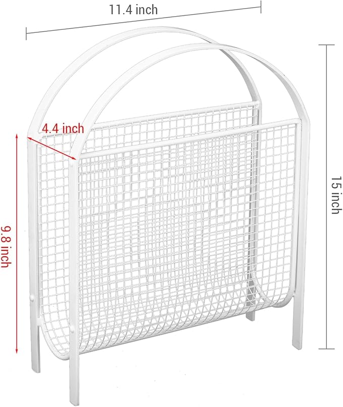 MyGift Mid-Century Design Magazine Rack, Matte Black Tone Metal Mesh Freestanding Magazine Organizer Holder Sling (White)