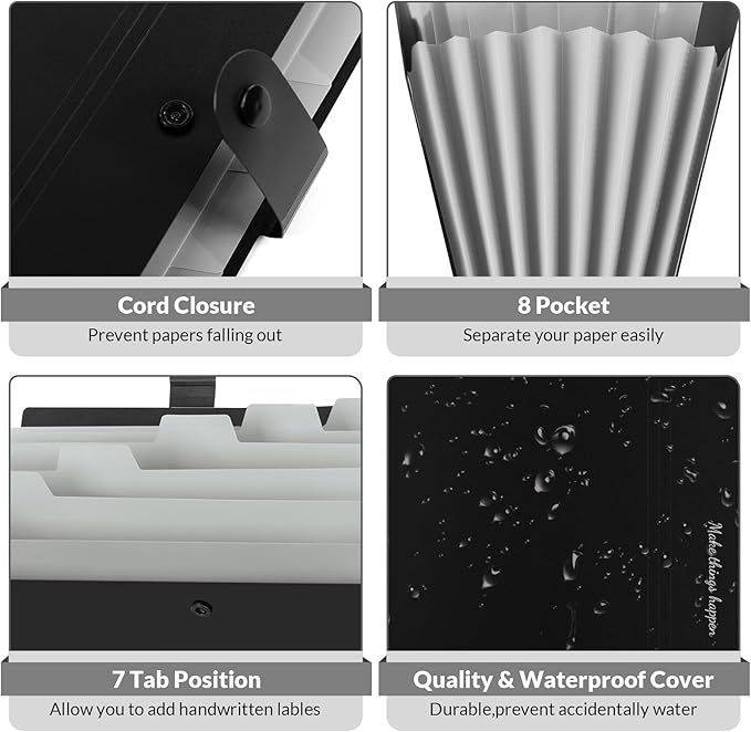 SKYDUE 8 Pockets Accordion File Organizer, Expanding File Folders, Portable Document Paper Organizer, A4 Letter Size, Snap Closure, Pack of 4