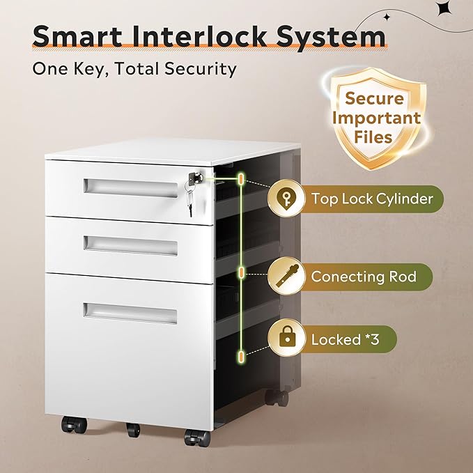 DEVAISE 3-Drawer Metal File Cabinet with Lock, Mobile Filing Cabinet Under Desk for Home Office, Fully Assembled Printer Stand fits A4/F4/Letter/Legal Size, White, 20" D x 15" W x 24" H