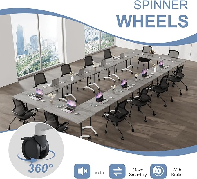 Folding Conference Table, Mobile Training Table for Office Conference, Modern Modular Rectangular Work Desk Meeting Seminar Work Tables with Caster Wheels, Large Breakroom Tables (8Pack L55.1in)