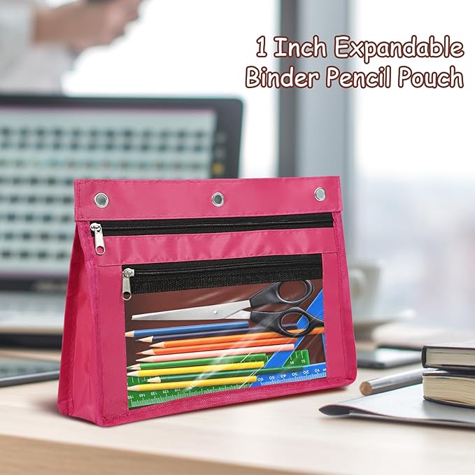 YoeeJob 1 Pack Pencil Pouch for 3 Ring Binder, Expandable Binder Pouches with Zipper, Large Capacity Pen Holder Case with Clear Window School Class Office Organizers, Rosy