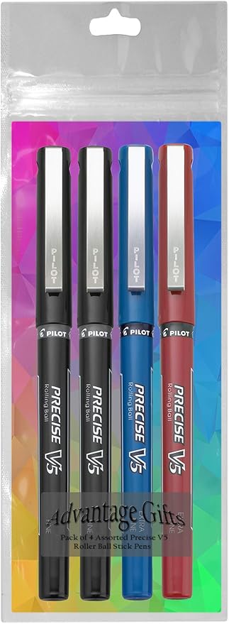 Precise V5 Stick Rolling Ball Pens, Extra Fine Point (.5mm), Assorted Colors Black/Blue/Red Ink, 4-pk; Bundle with Plastic Reusable Pouch