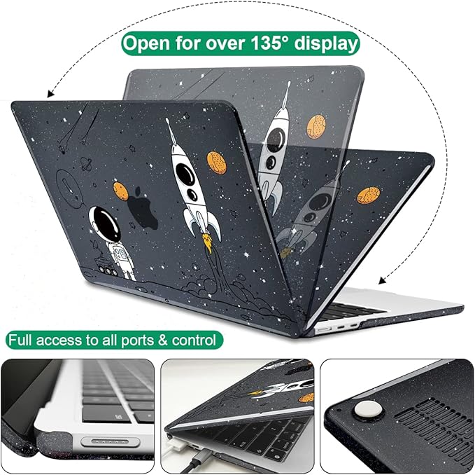 for 2025 MacBook Air 13.6 Inch Case M4 A3240 M3 A3113 M2 A2681 2022 2023 2024 Release, Glitter Black Printed Plastic Hard Shell Case for Mac Air M4 Chip Touch ID, Astronauts & Spacecraft