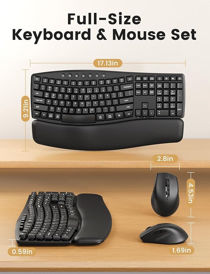 Quiet Wireless Keyboard and Mouse Combo, 30dB Silent Full-Size Ergonomic Keyboard Set with Wave Keys & Soft Palm Rest, Dual-System Switch for Windows/Mac, Ideal for Business Teams Home Office—Sablute