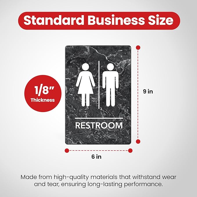 Promot Unisex Bathroom Sign – ADA Braille Restroom Sign for Business, Self-Adhesive, 9" x 6", Commercial Door Signage, Office Wall Decor - Marble Charcoal