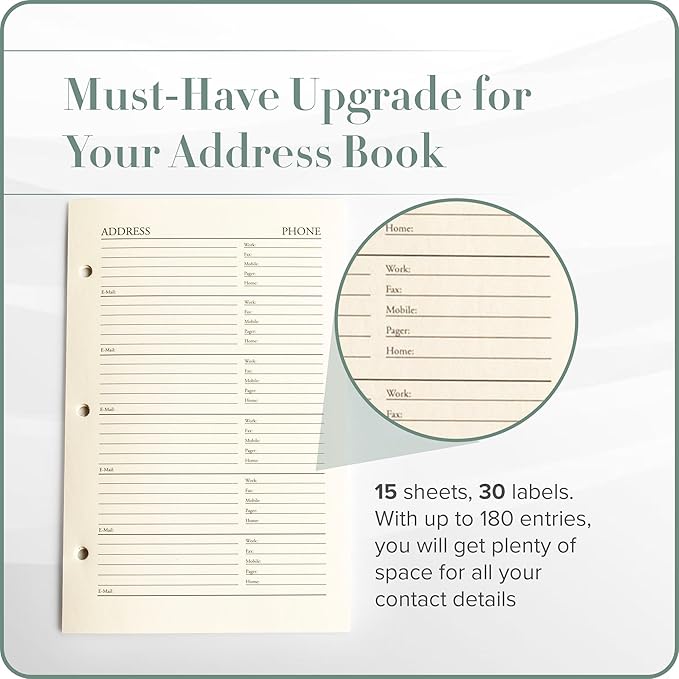 Gallery Leather Address Book Refill Replacement Pages - 3 Ring 5.5 x 8 Size, 15 Sheets, 30 Pages for 180 Entries, Quick and Easy Contact Storage and Updates