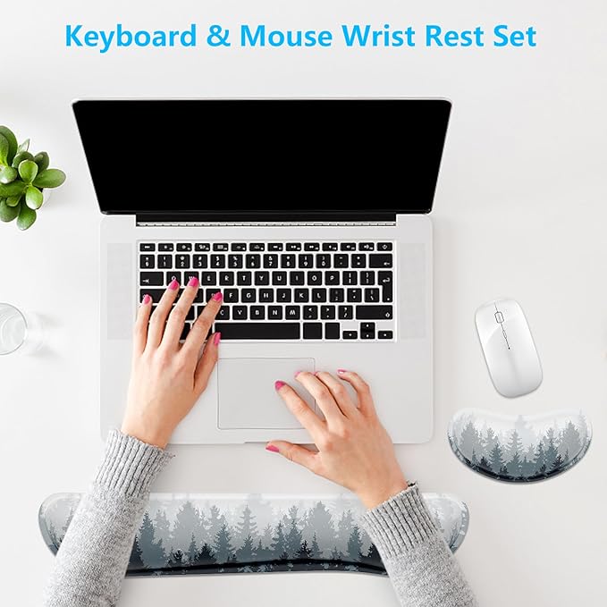 Dapesuom Enlarge Keyboard Wrist Rest, Memory Foam Wrist Cushion for Desk Mats Support, Typing Pain Relief Keyboard Mouse Pad Rests Set with Non-Slip Base for Gaming Laptop Computer, Watercolor Forest