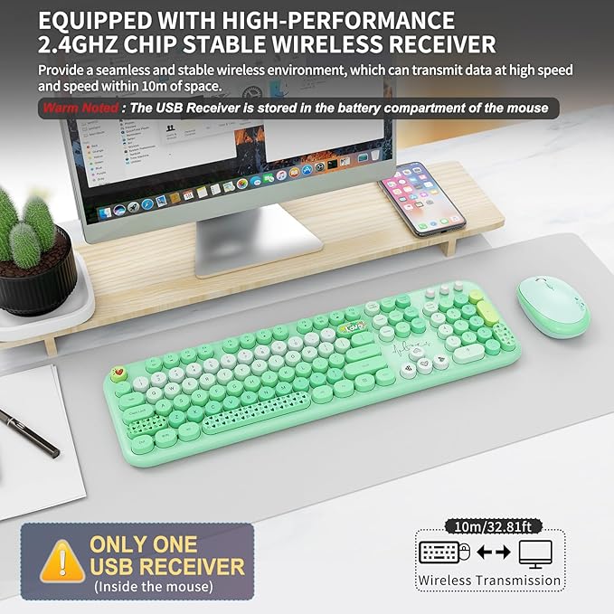 FOPETT Wireless Keyboard and Mouse Combo - 2.4G Full-Sized Cute Colorful Retro Keyboard with Round Keycaps 104 Keys Typewriter Keyboard for Laptop/Windows/PC-Green Colorful