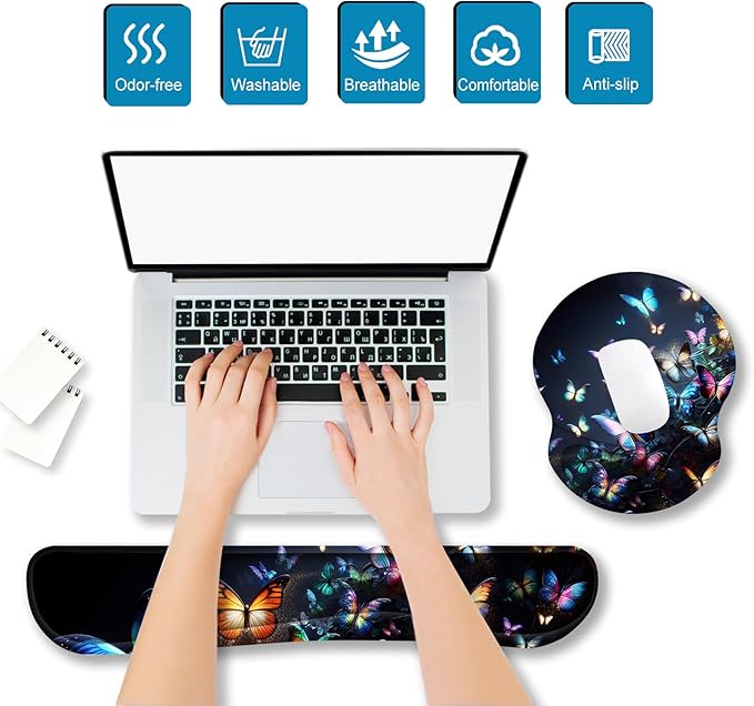 ARTSO Ergonomic Mouse Pad with Wrist Rest, Comfortable Keyboard Wrist Rest, Memory Foam Mousepad for Computer Keyboard, Mouse Pad Set for Easy Typing, Pain Relief, Night Butterfly