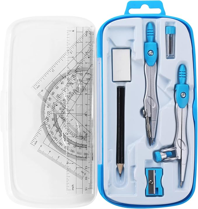 Math Geometry Kit Sets 10 Piece Student Supplies with Shatterproof Storage Box,Includes Rulers,Protractor,Compass,Eraser,Pencil Sharpener,Lead Refills,Pencil,for Drafting and Drawings（Blue）