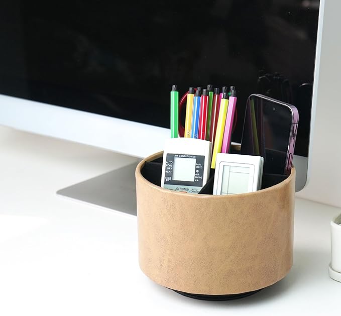 Hennaja Round Leather Art Supply Organizer,Remote Control Holder,360 Degree Spinning,Multi-Functional Pencil Holder,4 Compartments Desktop Stationary Organizer(1-Oil Yellow)