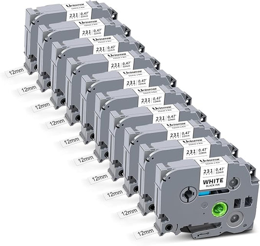 10 Pack Tze 12mm 0.47 Laminated White Tape Compatible for Brother Tze-231 1/2 Inch Label Maker Tape Work with Ptouch PT-D220 PTD210 PTH110 PTH100 PTD600 PTD200, Black on White 1/2'' x 26.2'