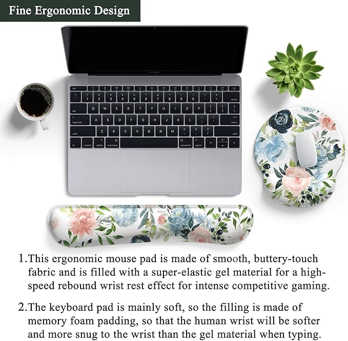 Green Blue Pink Floral Mouse Pad Wrist Support Keyboard Wrist Rest Set, Ergonomic Mouse Pad with Non-Slip Pu Base for Computer Office Comfortable Mouse Wrist Rest Easy Typing & Pain Relief Mouse Pad.
