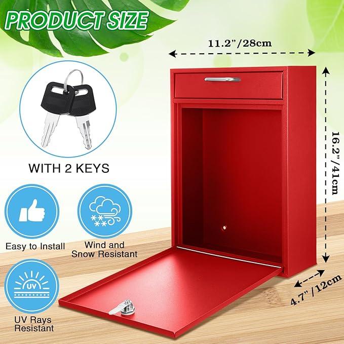 Locking Mailbox with Key for Outdoor 16.2 x 11.2 x 4.7 Inches Large Wall Mount Mail Box with Lock Security Mail Drop Metal Collection Boxes Hanging Secure Postbox(Red)