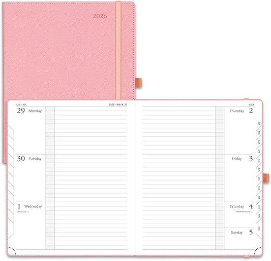 POPRUN Weekly Planner 2026 Calendar (Large 8.5" x 10.5") 12 Months Notebook with Horizontal Layout, Leather Hardcover, Inner Pocket, 100GSM Thick Paper, Pen Holder - Soft Pink
