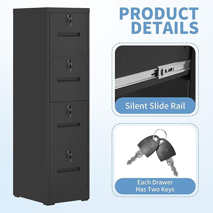 4 Drawer File Cabinet with 4 Lock, Metal Filing Cabinet, Heavy Duty Vertical File Cabinets for Home Office, Steel File Storage Cabinets for Letter/Legal File Folders, Assembly Required (Black)