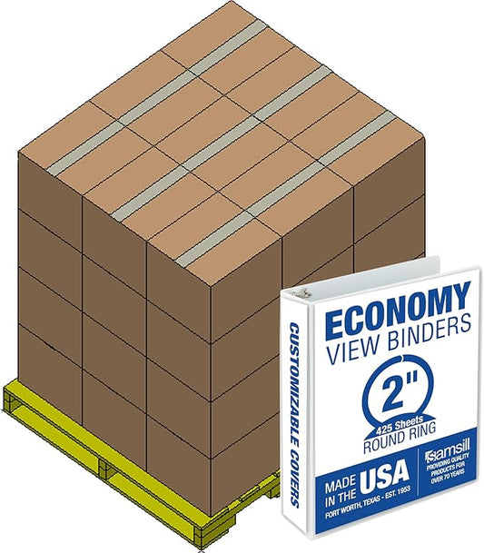 Samsill Economy 2 Inch 3 Ring Binder Bulk Pallet, Made in The USA, Round Ring Binder, Customizable Clear View Cover, White, Pallet of 432 Binders in 36 Cartons
