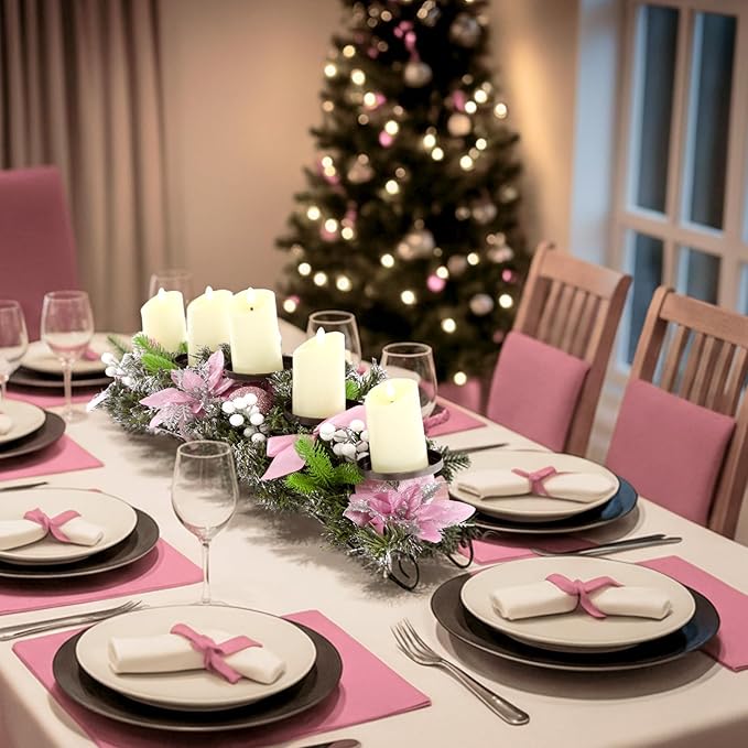 Yungyan Christmas Tabletop Centerpiece 30 Inch, Includes 5 Battery Operated LED Candle Holders, Pink Poinsettia Flowers, Pink Bow, Pine Cones and Base, Christmas Artificial Dinner Table Decorations
