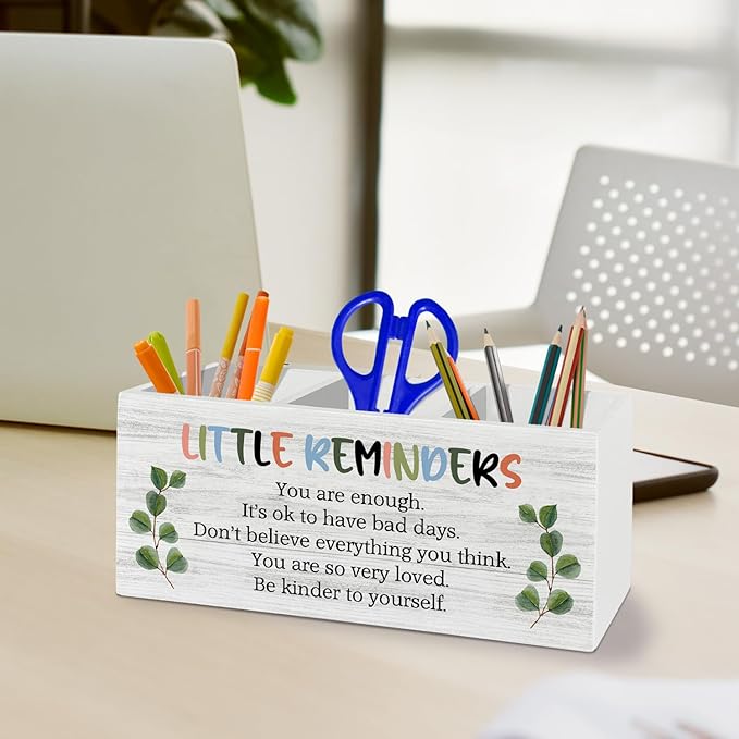 Little Reminders Inspirational Pen Pencil Holder Organizer for Desk Accessories, Mental Health Motivational Wooden Box Sign Desk Decor for Home Office Decoration, Positive Gifts