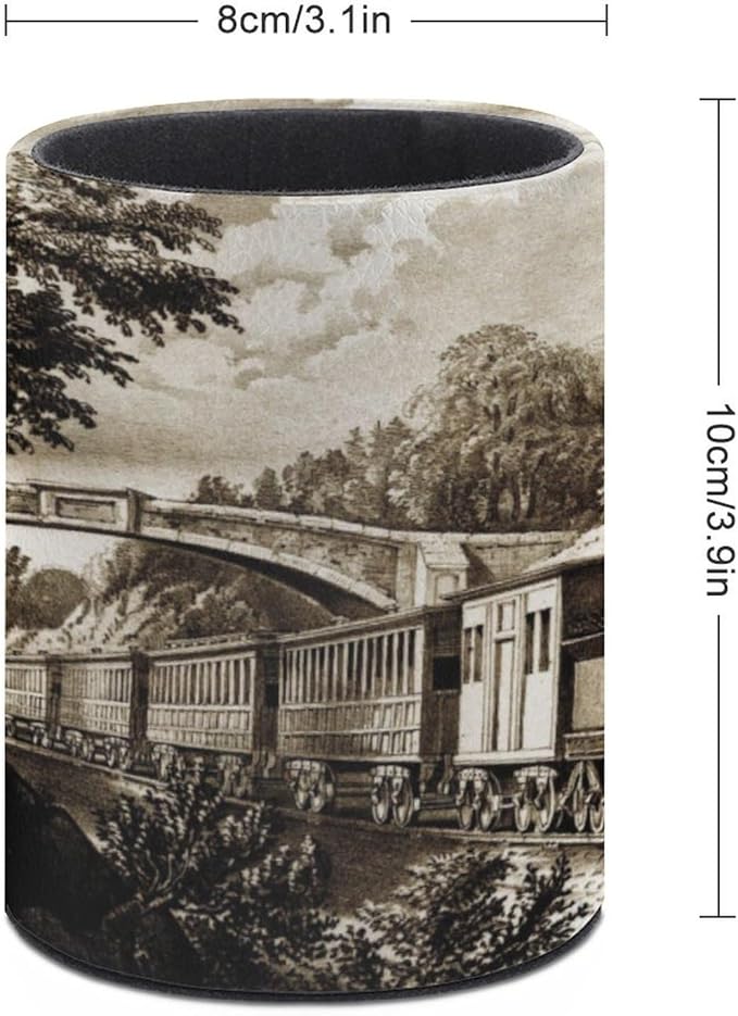 Vintage Steam Train Pen Holder Pencil Organizer Cute Pencil Cup Desk Decor Makeup Brush Holder PU Multifunctional Office Suppliesfor Home Classroom School