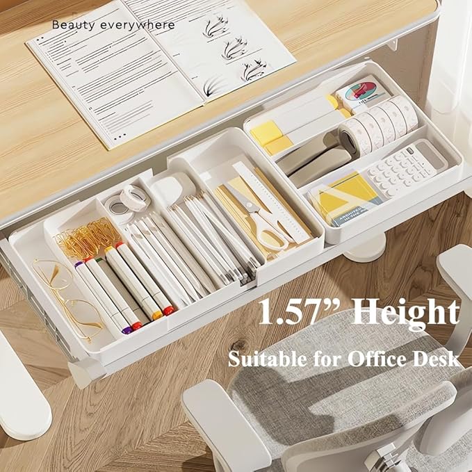 Shallow Drawer Organizer, 2 Pack Expandable Office Drawer Organizers Dividers, Pen Organizer for Desk, Tray Box Accessories for Desktop, Bathroom, Kitchen, Makeup, Vanity, Medicine