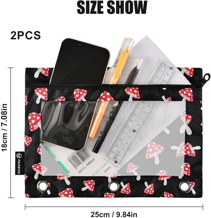 ALAZA Pencil Pouch for 3 Ring Binder, Cartoon Forest Red Mushrooms Binder Pencil Pouches with Clear Window Zipper Pencil Case Cosmetic Bags for Office College Supplies, 2PCS