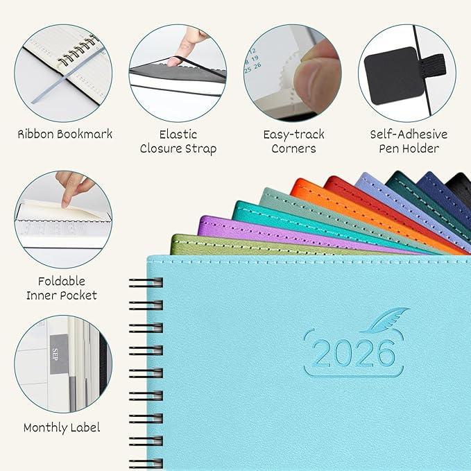 BEZEND Pocket Calendar 2026 Weekly and Monthly (3.5" x 6" Spiral) Small Daily Planner for Purse (Jan-Dec) with Notes & Expenses, Inner Pocket, Pen Holder, Vegan Leather Softcover - Blueberry