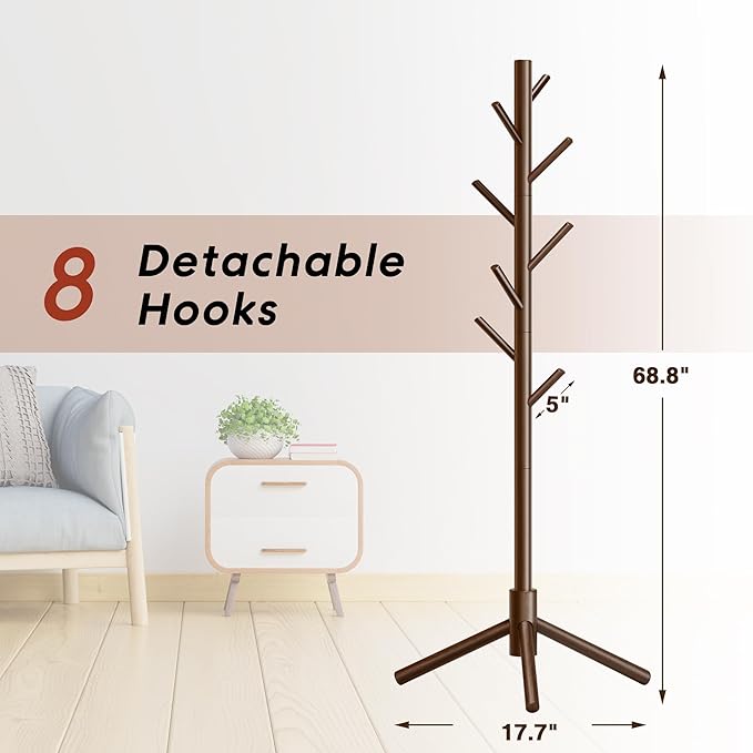 Wooden Coat Rack, Free Standing Coat Rack with 8 Hooks 3 Adjustable Heights for Clothes, Hats, Handbags, Coat Tree Easy Assembly for Entryway, Bedroom, Hallway, Office (New Brown)