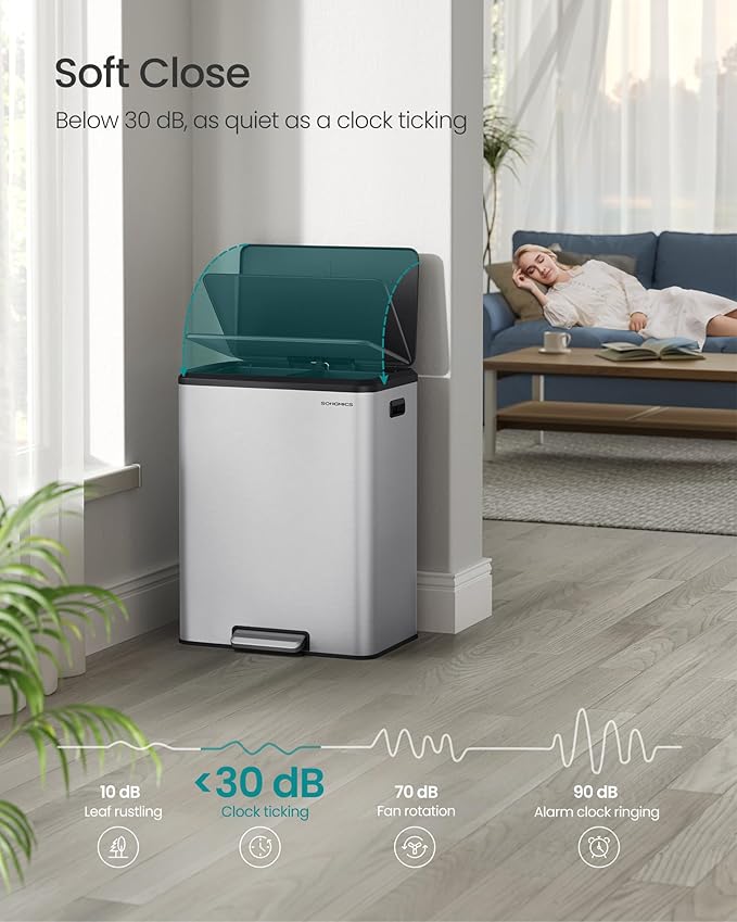 SONGMICS Trash Can, 2 x 8 Gallon (2 x 30 L) Double Garabge Can for Recycling and Waste, Stainless Steel, Soft-Close Lid, Inner Buckets, Wide Sturdy Pedal, Metallic Silver ULTB556E01