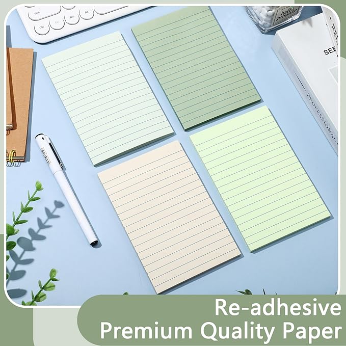 12 Pads Green Boho Sticky Notes 4x6 with Line, Lined Self Stick Notes Pads Boho Office Supplies, Vintage Aesthetic School Accessories 50 Sheets/pad