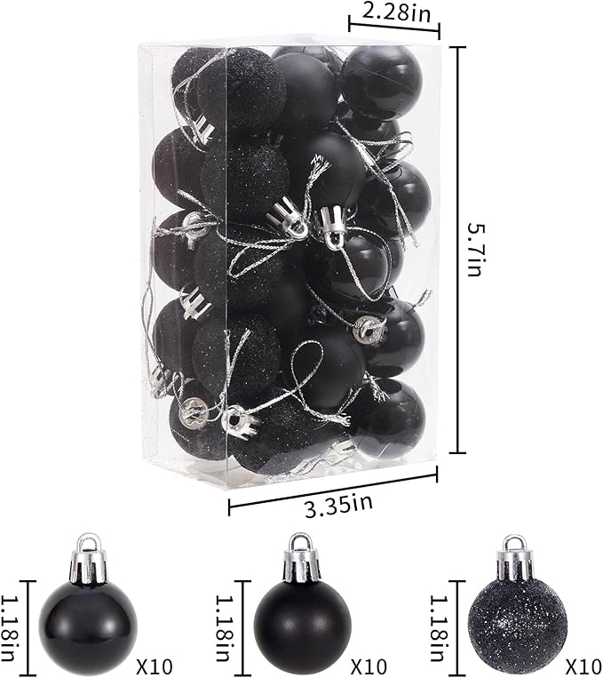 30ct Christmas Ball Ornaments, 1.18" Shatterproof Tree Decorations, Perfect Hanging Ball for Indoor/Outdoor Holiday Party Decor (Black)