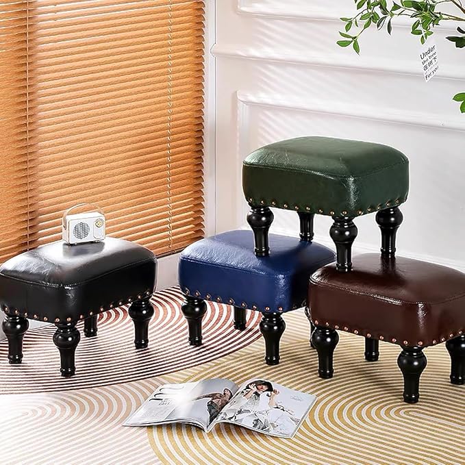 Ottoman Leather Foot Rest with Thicker Foam Padded Seat, Footstool with Wooden Legs (Green)