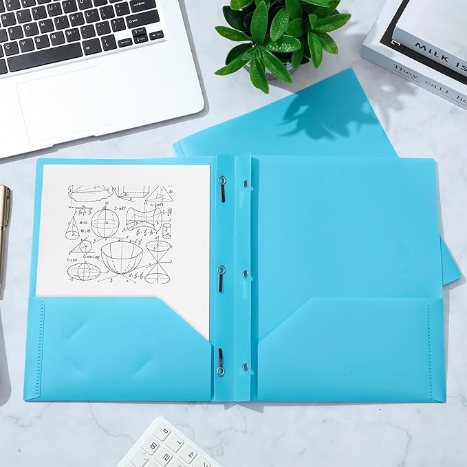 Yeaqee 60 Pcs Plastic Folders with Pockets and Prong Plastic Folders with 2 Pockets Pocket for Office, School for Students, Teachers, Office Workers (Light Blue)