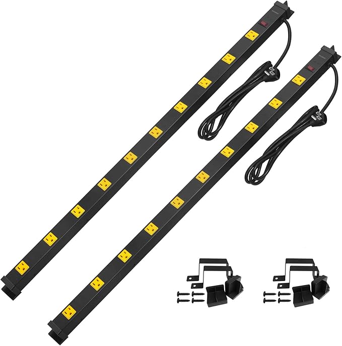 SURAIELEC 10 Outlet Long Power Strip Surge Protector, Industrial Heavy Duty Metal Shop Power Strip Flat Plug, 1000 Joules, 15 A Breaker, 6FT Cord, Wall Mountable, for Work Bench, Shop, Garage, 2 Pack