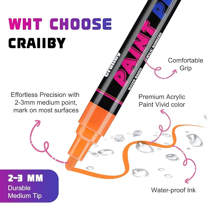 Orange Paint Pens Paint Markers - 12 Pack Permanent Quick Dry Waterproof Marker Pens for Rocks Wood Fabric Plastic Canvas Glass Mugs Metal Tire Stone