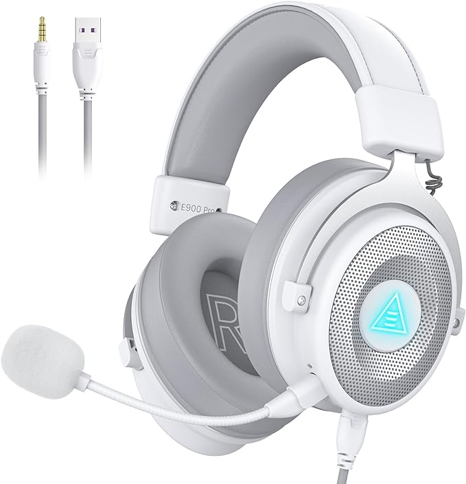 EKSA USB Gaming Headset for PC, Computer Gaming Headphones with Detachable Microphone Noise Cancelling, 7.1 Surround Sound, 50MM Driver, Wired Headset for PS4 PS5, Xbox One, Laptop (White)