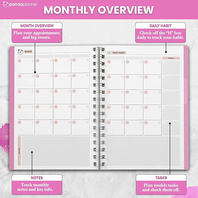 Panda Planner 2025-2026 Undated Daily Planner with Hourly Schedule 5.75" x 8.25" – 90 Days Daily Journal with Spiral Binding – To Do List Notebook with Habit Tracker for Home/Office Supplies – Pink
