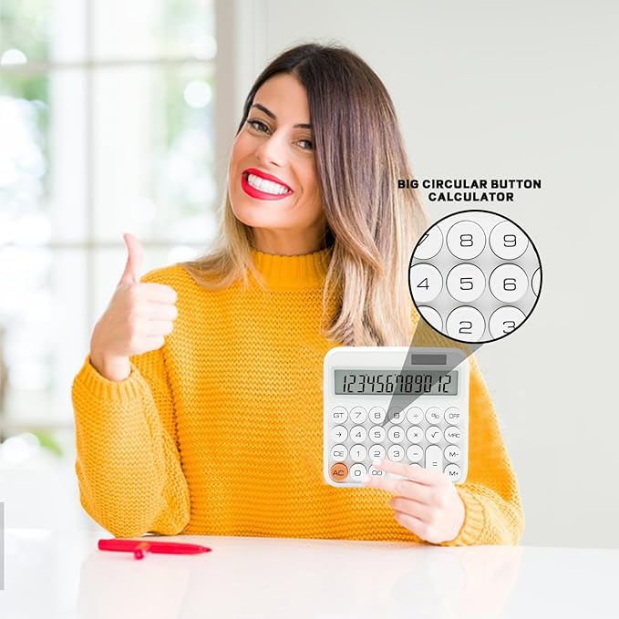 White Calculator, Standard Calculator 12 Digit with Large LCD Display and Big Buttons, White Office Supplies and Desk Accessories for Home, Office, School, Class and Business